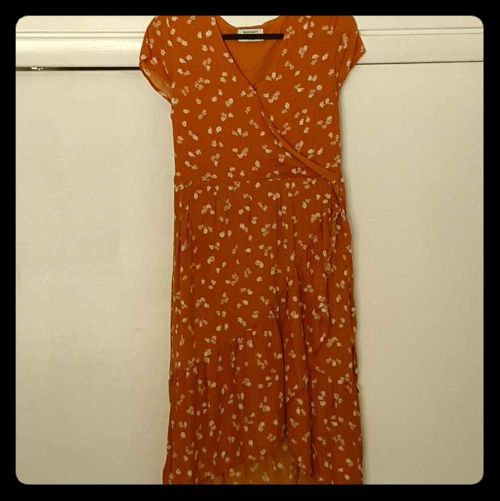 Old Navy faux wrap, mustard floral V neck dress